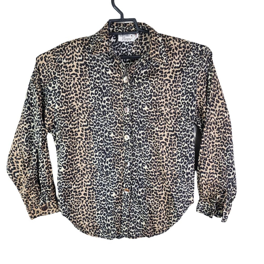 Women's Vintage Cactus Flower Leopard Print Button-Up Shirt Rayon Long Sleeve S